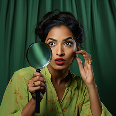 A crazily curious South Asian woman in her 20s peers through a magnifying glass against a bright green pastel backdrop with her bulging eyes and exaggeratedly inquisitive expression amusingly intense.