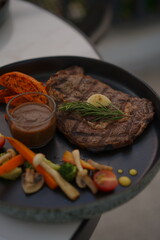 Beef Steak, Potatoes Wedges Vegetable with White Sauce