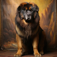 A brave Tibetan Mastiff stands guard in a studio with a bronze pastel background, reflecting courage and protectiveness.