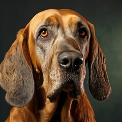 A curious and approachable Bloodhound sniffs the camera in a studio with a rust pastel backdrop.