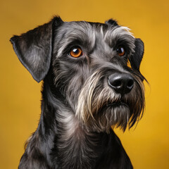 A serious Schnauzer with focused eyes in a dignified pose.