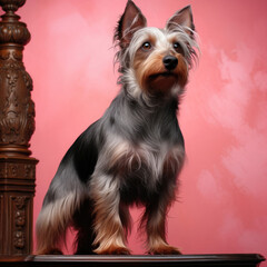 A proud Silky Terrier with a shiny coat stands tall in a studio with a coral pastel backdrop, exuding self-assurance and elegance.