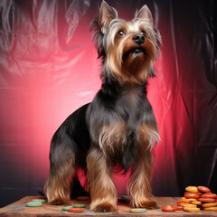 A proud Silky Terrier with a shiny coat stands tall in a studio with a coral pastel backdrop, exuding self-assurance and elegance.