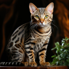 A lively and adventurous Ocicat with a spotted coat in a studio setting.