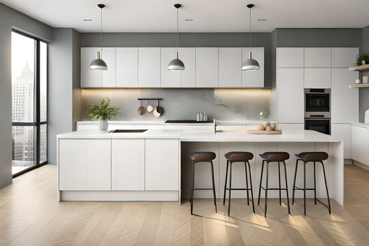 Modern white kitchen countertop with free space for mockup, 3D rendering. Modern kitchen interior