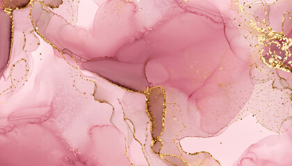 Abstract dusty rose blush liquid watercolor background with gold dots and lines. Pastel pink marble alcohol ink drawing effect, golden splash elements. - obrazy, fototapety, plakaty