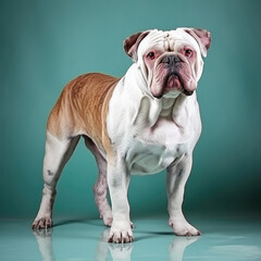 A stubborn Bulldog showcases its determined nature in a studio.