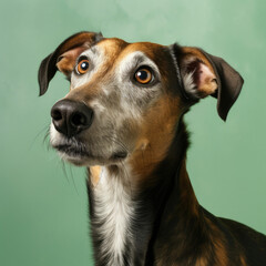 A surprised Greyhound with wide eyes and a long nose gazes up in astonishment and curiosity against a green pastel backdrop.