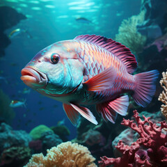 A vibrant Parrotfish swims against a coral reef pastel background, expressing exuberance and beauty.