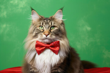 A Maine Coon Cat looking impressively dapper in a red velvet bow tie against a soft green background.