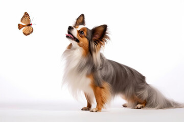 A cute Papillon dog with silky coat and butterfly-like ears trying to catch a floating feather on a white background.