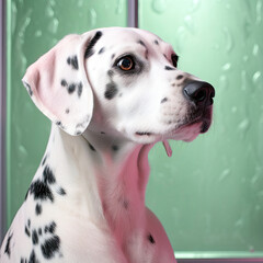 A thoughtful and unique Dalmatian gazes out of a window in a studio with a mint pastel background.