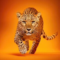 A cheetah sprints with speed and determination against a vibrant orange pastel background.
