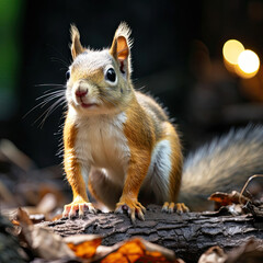 Obraz premium A playful squirrel with a bushy tail nibbles a nut against a forest backdrop.