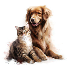 Adorable Golden Retriever and Tabby Cat Illustration on White Background