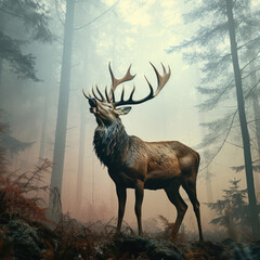 A powerful elk with impressive antlers calls in a serene forest.