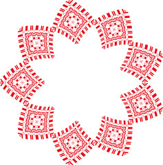 Openwork rhombuses of red elements on a white circle.