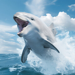 Fototapeta premium A sociable dolphin with a smiling face showcases its intelligence as it leaps against a pastel sea-scape backdrop.