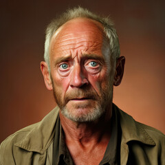 Obraz premium A concerned man in his 50s frowns worriedly at the camera against a tan pastel background, his creased forehead and troubled eyes reflecting anxiety and concern.