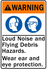 High noise area warning sign and labels loud noise and flying debris hazards. Wear ear and eye protection