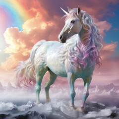 A mystical Unicorn with a magical horn and eyes against a fantasy rainbow pastel backdrop conveys enchantment and wonder.