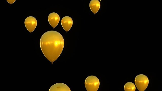 3d render of golden balloons flying upwards, birthday or holiday celebration concept. Video with alpha channel