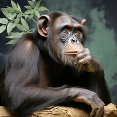 A thoughtful Chimpanzee with human-like eyes and a contemplative pose showcases intelligence and curiosity against a leafy pastel background.