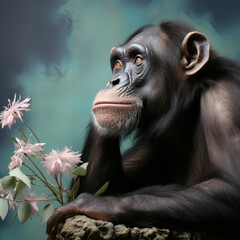 A thoughtful Chimpanzee with human-like eyes and a contemplative pose showcases intelligence and curiosity against a leafy pastel background.