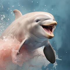 A friendly dolphin showcases intelligence and joy in a pastel setting.