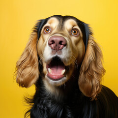 "A lively Cocker Spaniel with wagging tail and excited eyes reflects joy and anticipation in a studio with a lemon pastel background."