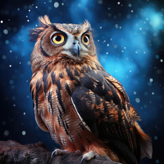 A watchful owl with tufted ears and intense eyes against a night sky pastel backdrop reflects wisdom and mystery.