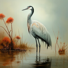 A calm heron exudes elegance and tranquility against a pastel backdrop.