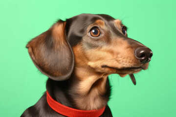 "A Dachshund with an exaggerated head tilt on a mint green background, showcasing its smooth, red coat and inquisitive eyes."