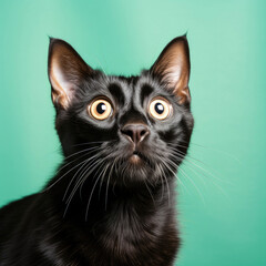 A surprised Manx cat with bright eyes and no tail looks adorable against a pastel mint background in a studio.