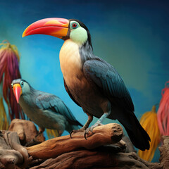 Obraz premium A colorful toucan with a unique charm perched against a tropical backdrop.