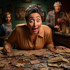 A comically confused Hispanic woman in her 40s looks at a puzzle against a baffled brown pastel backdrop, with her tilted head and exaggeratedly perplexed expression humorously bewildered.