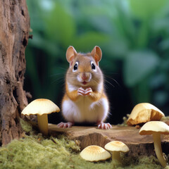 A chipmunk with a fluffy tail and bright eyes prepares for energy-filled activities in a cheerful woodland setting.