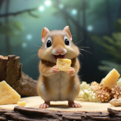 A chipmunk with a fluffy tail and bright eyes prepares for energy-filled activities in a cheerful woodland setting.