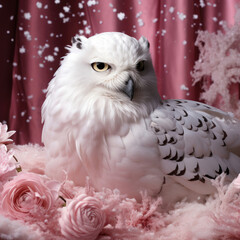 A whimsical Snowy Owl rotates its head against a wintry pastel backdrop, reflecting wisdom and grace.