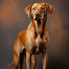 A stubborn dog stands firm in a studio with a brown pastel background, showing determination and a refusal to budge. - obrazy, fototapety, plakaty