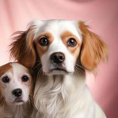 A loving Cavalier King Charles Spaniel nuzzles the camera in a studio with a blush pink pastel backdrop, its eyes reflecting warmth and affection.