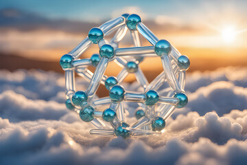 A glowing glass sculpture of a molecule, framed in a horizontal banner of clouds_