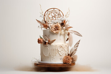 Boho-inspired cake with a dreamcatcher topper and earthy tones.