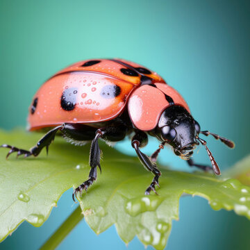 A stunning Ladybird rests against a leafy pastel background.
