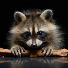 A mischievous raccoon with black-masked eyes and dexterous paws explores its surroundings against a solid gray background, reflecting curiosity and craftiness.