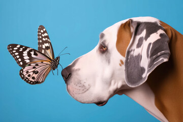 A Great Dane with a blue merle coat and gentle eyes looks quizzically at a butterfly on its nose against a rich brown background.