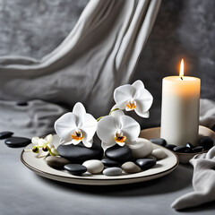 An artistic composition of a white orchid, candle and stones on a ceramic plate, creating a unique and stylish home decor_