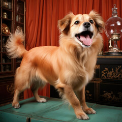 A lively Tibetan Spaniel spins in a colorful studio.