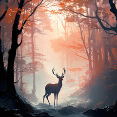 A serene deer grazing against a peaceful forest backdrop.