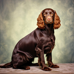 A friendly American Water Spaniel with a curly coat and warm eyes wags its tail in a studio with a blue pastel backdrop, reflecting approachability and kindness.